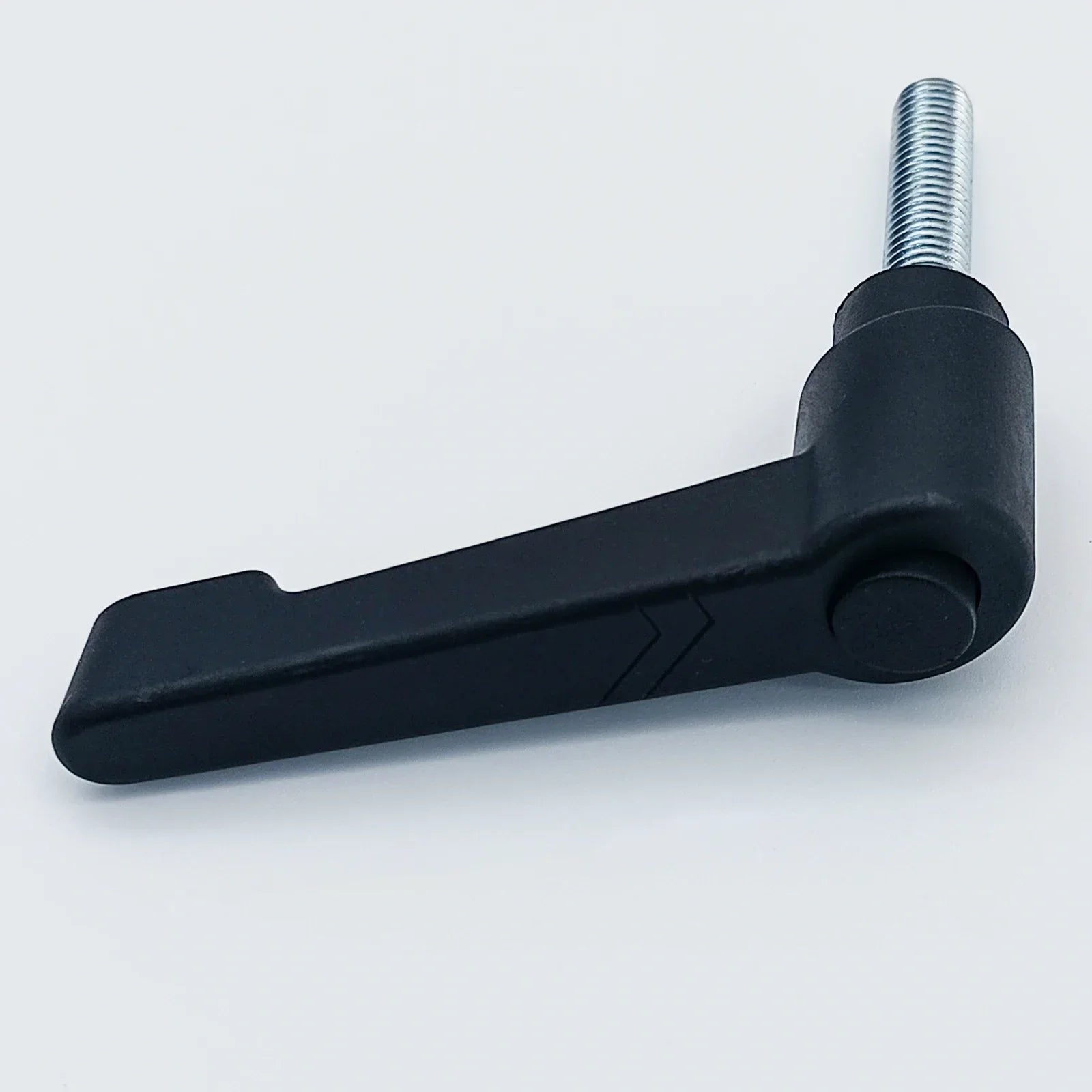 Black plastic lever clamp with metal threaded rod for wheelchair accessories