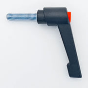 Black ergonomic wheelchair adjustment lever with orange accent and threaded metal shaft
