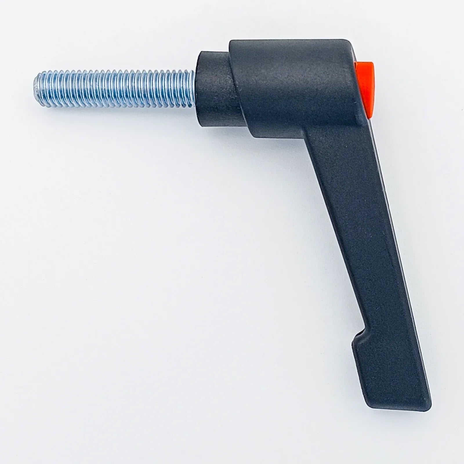 Black ergonomic wheelchair adjustment lever with orange accent and threaded metal shaft