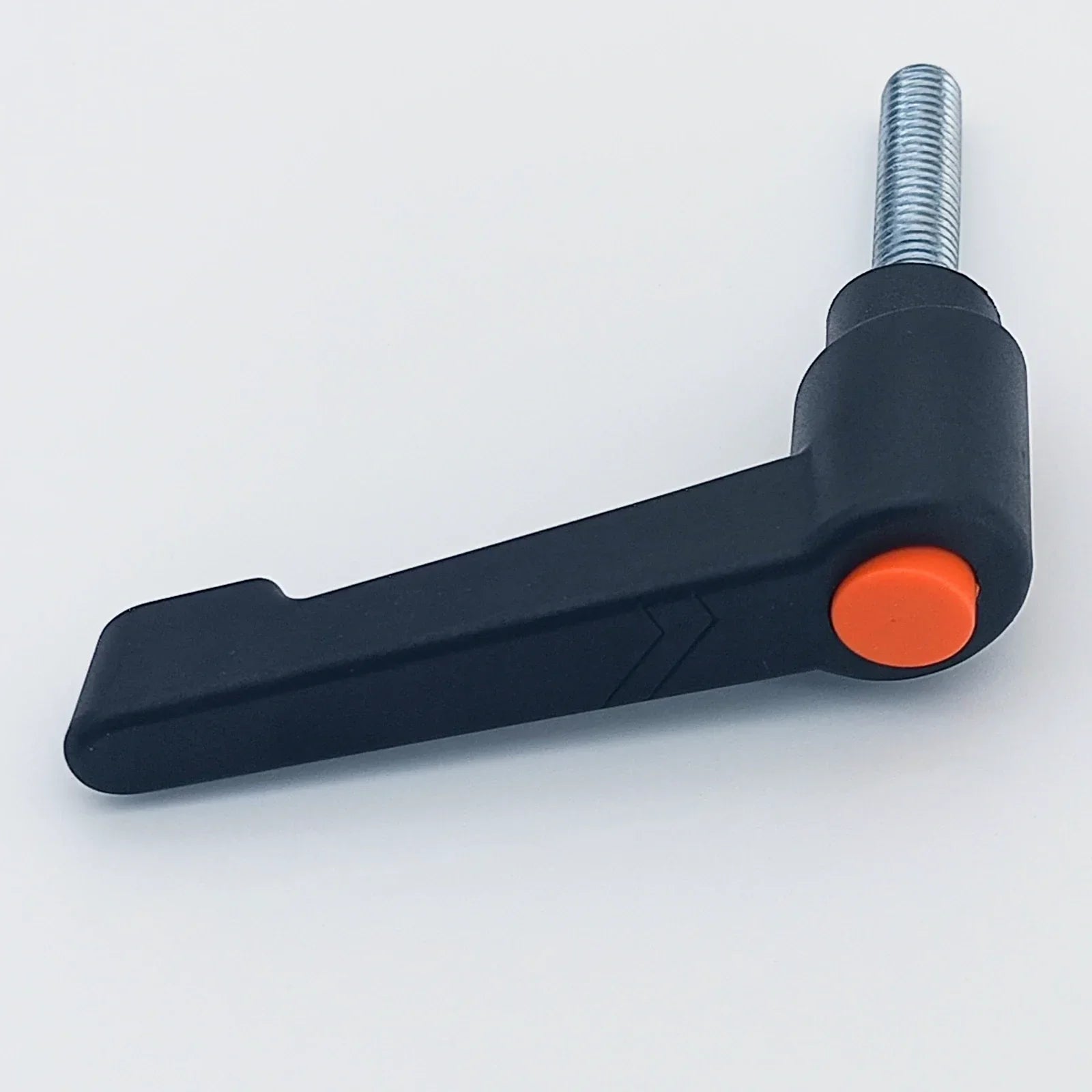 Black and orange wheelchair accessory lever with threaded metal shaft for secure attachment