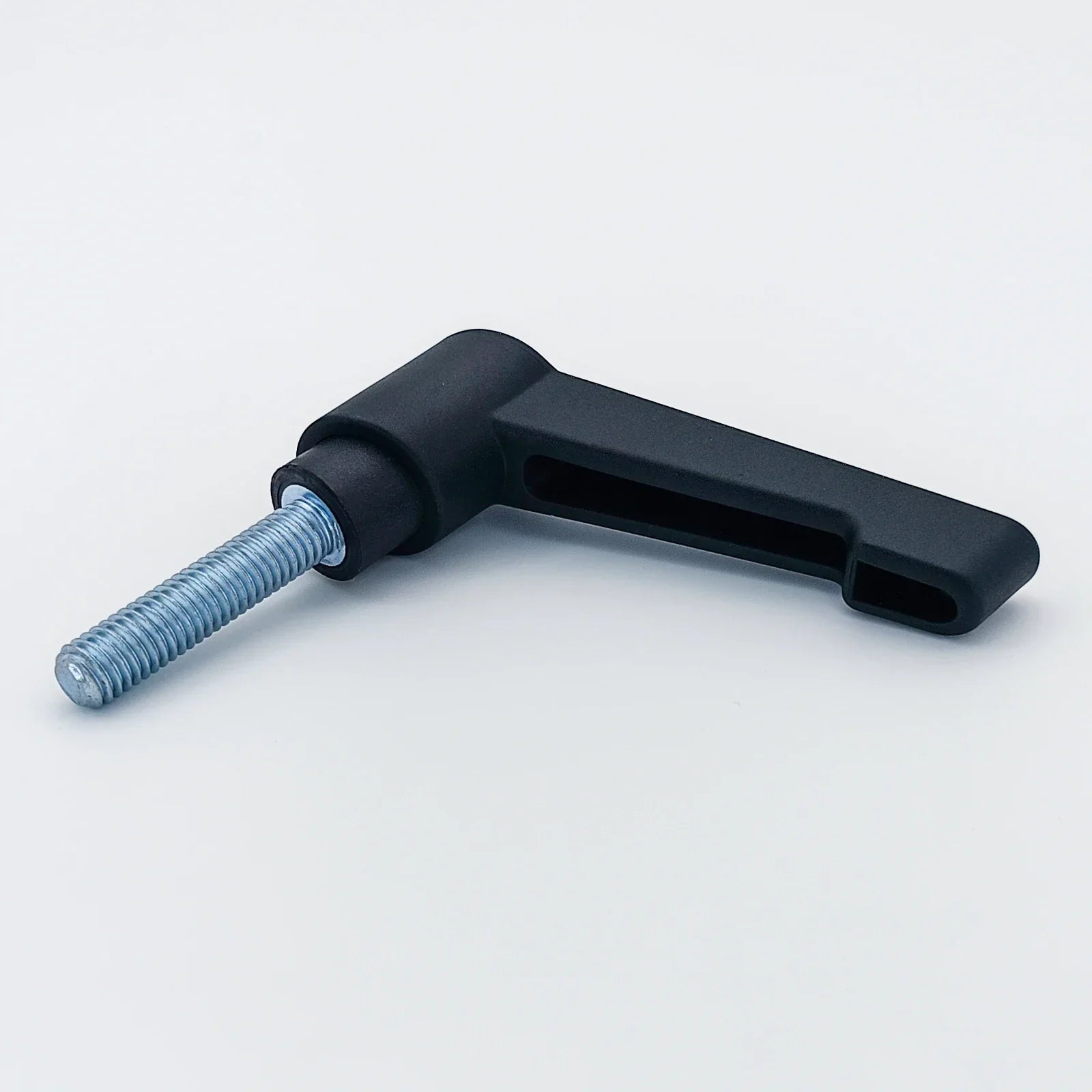Black ergonomic wheelchair adjustment lever with threaded metal bolt for secure fitting