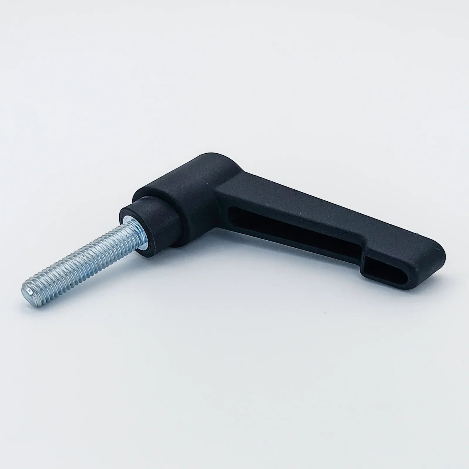 Black ergonomic wheelchair adjustment lever with metal threaded rod for secure positioning