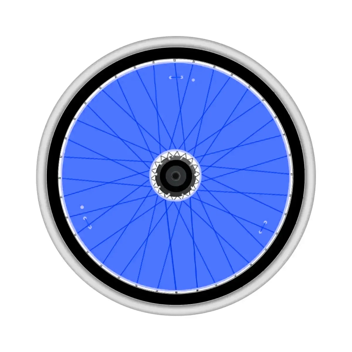 Blue wheelchair wheel with spoke guard and silver rim for mobility accessories