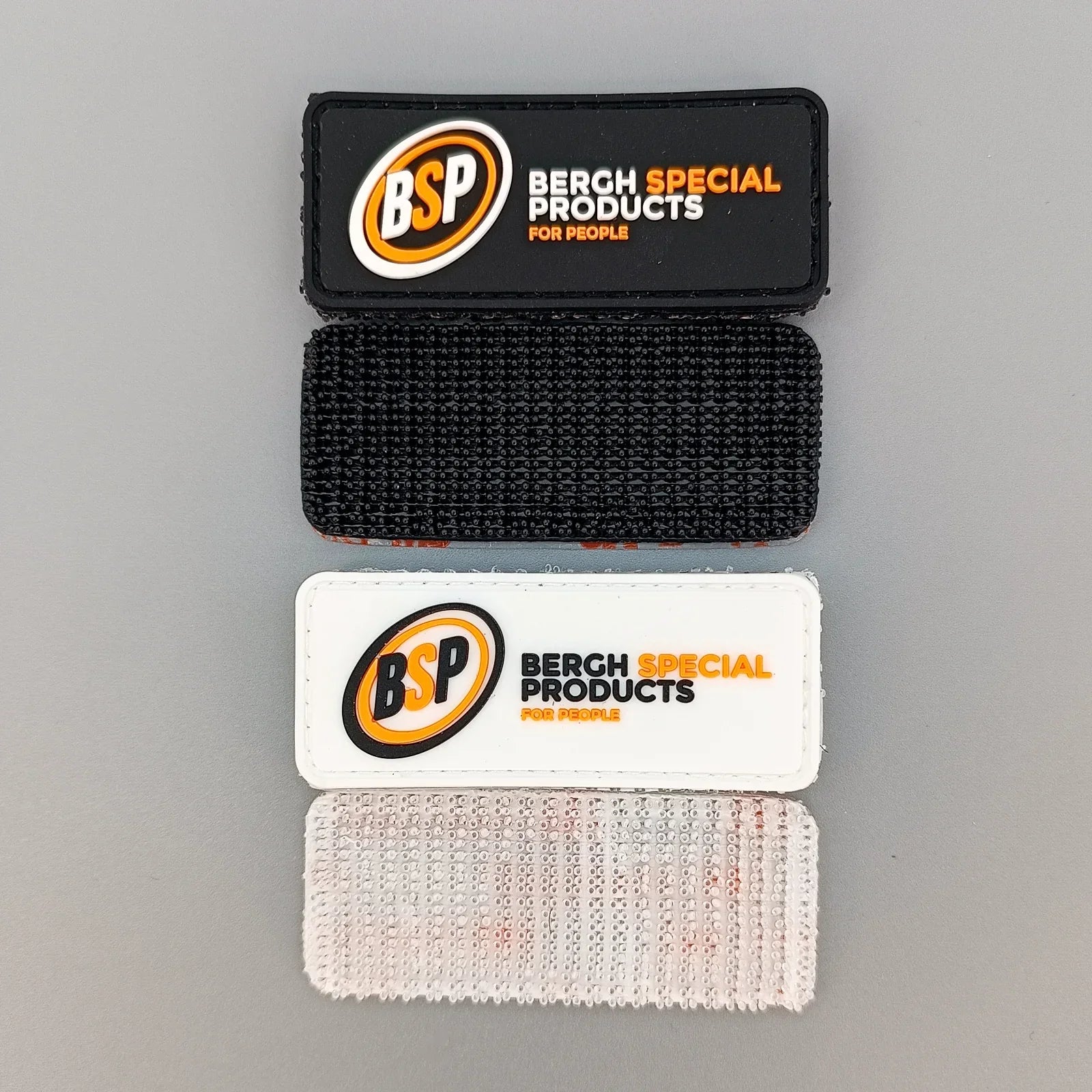 BSP logo patches with hook-and-loop backing for wheelchair accessories, black and white options