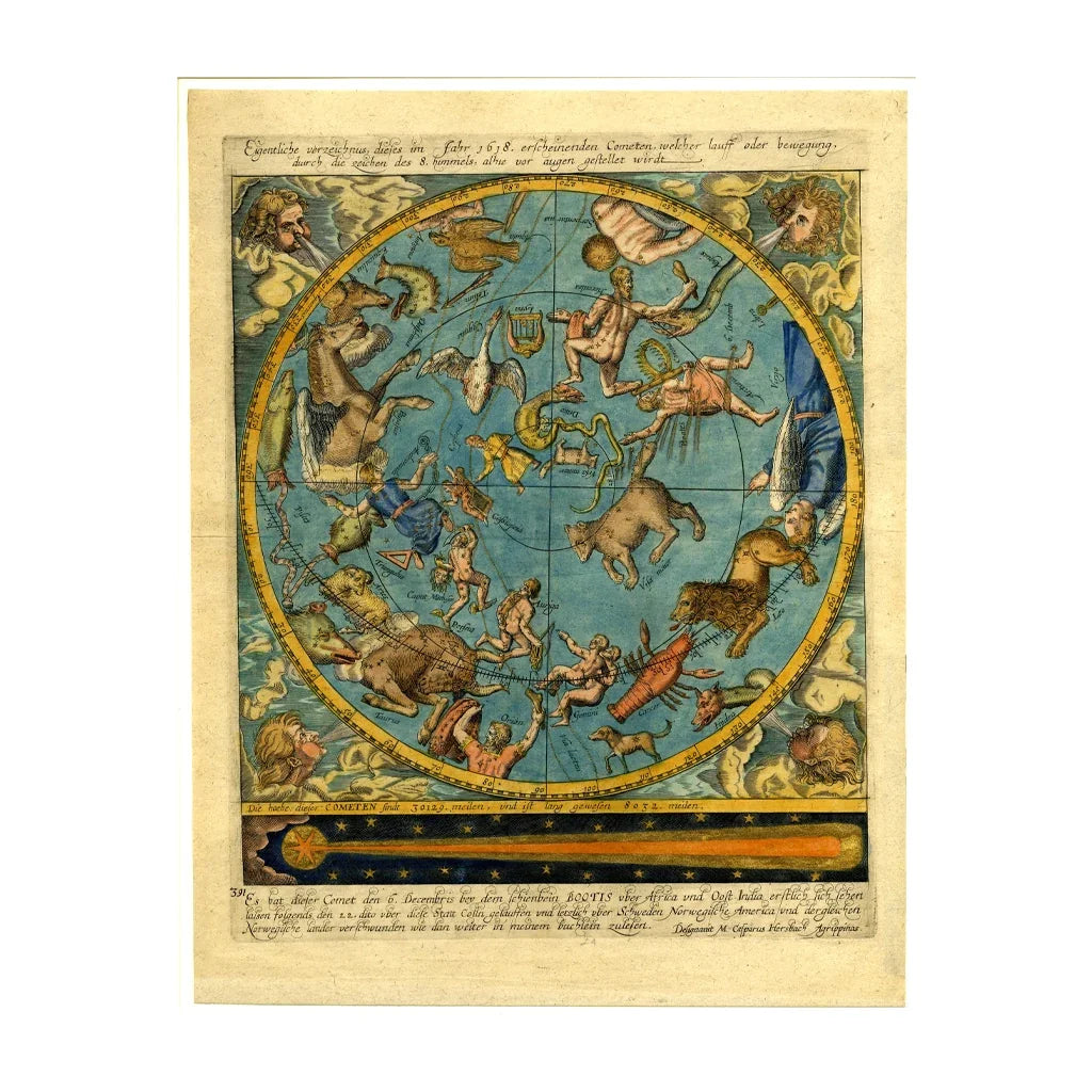 Antique celestial globe map with illustrated zodiac constellations, 1618 decorative chart