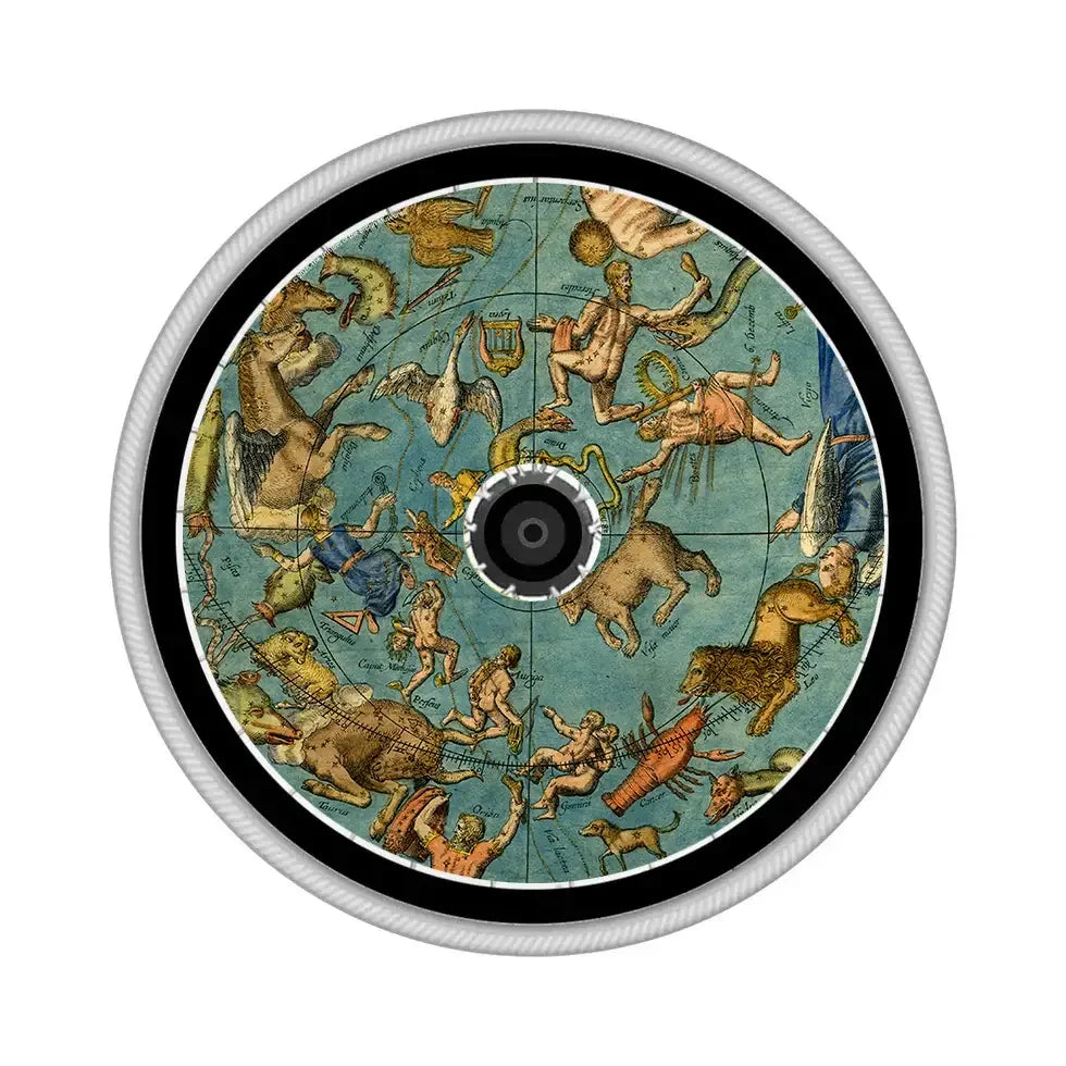 Celestial zodiac constellation spoke guard on a wheelchair wheel, colorful design