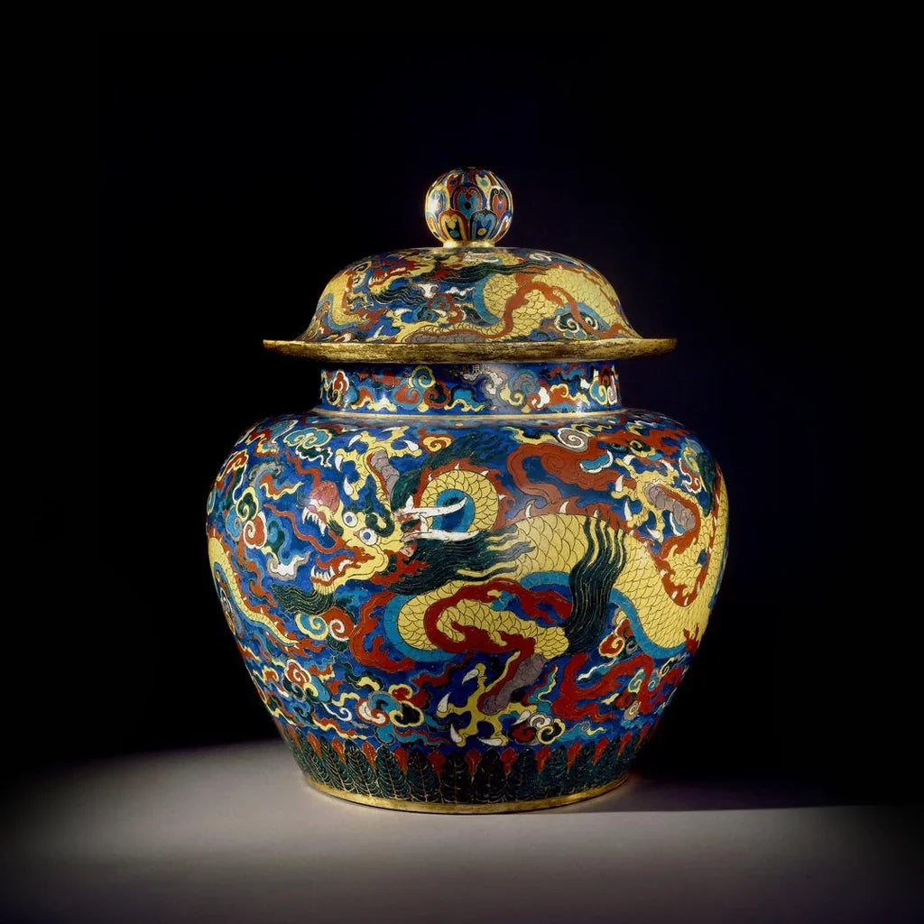 Cloisonné dragon jar with vibrant blue, red, and yellow patterns, Ming dynasty style