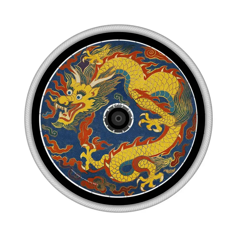 Wheelchair spoke guard with vibrant yellow dragon design on a blue background