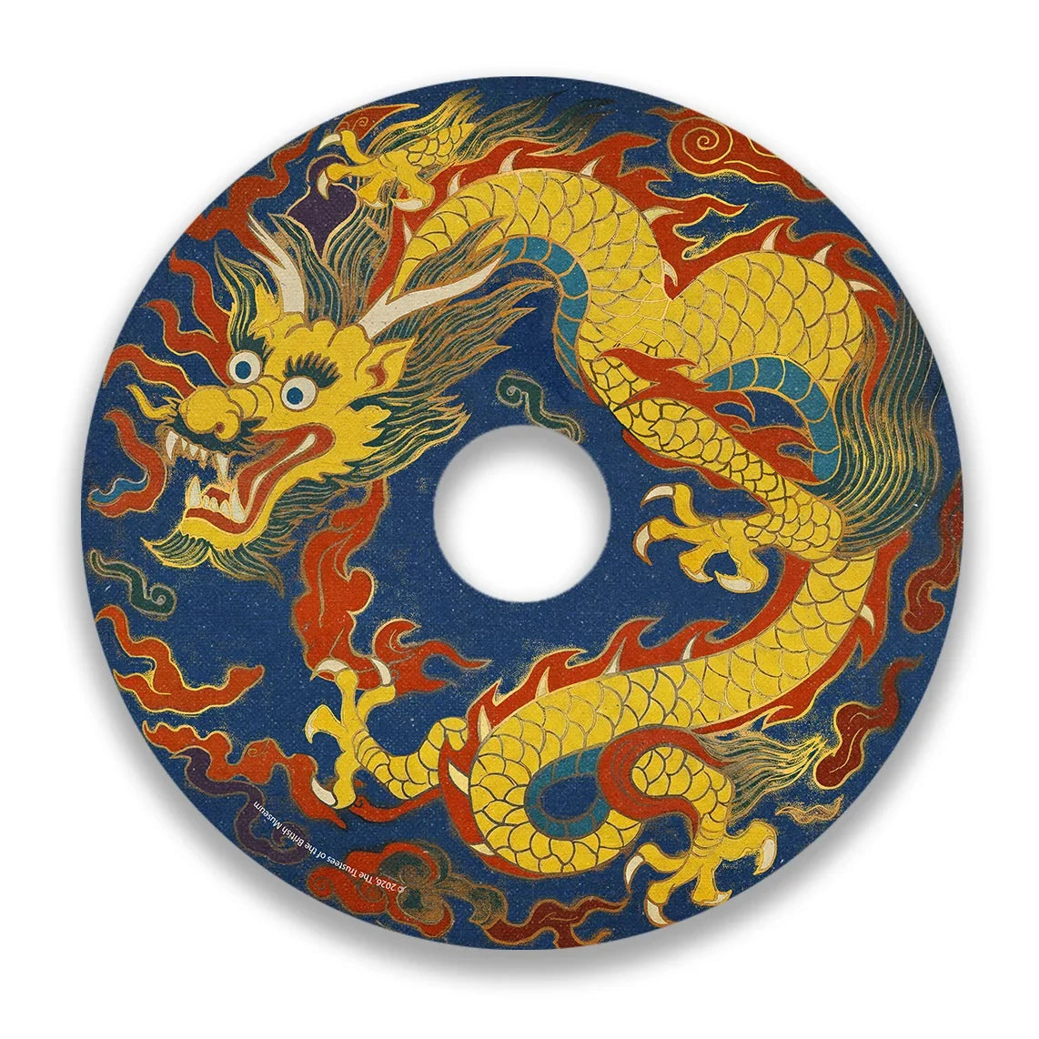 Wheelchair spoke guard featuring a colorful yellow dragon design on blue background