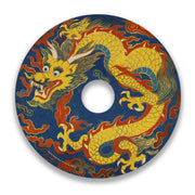 Wheelchair spoke guard featuring a colorful yellow dragon design on blue background