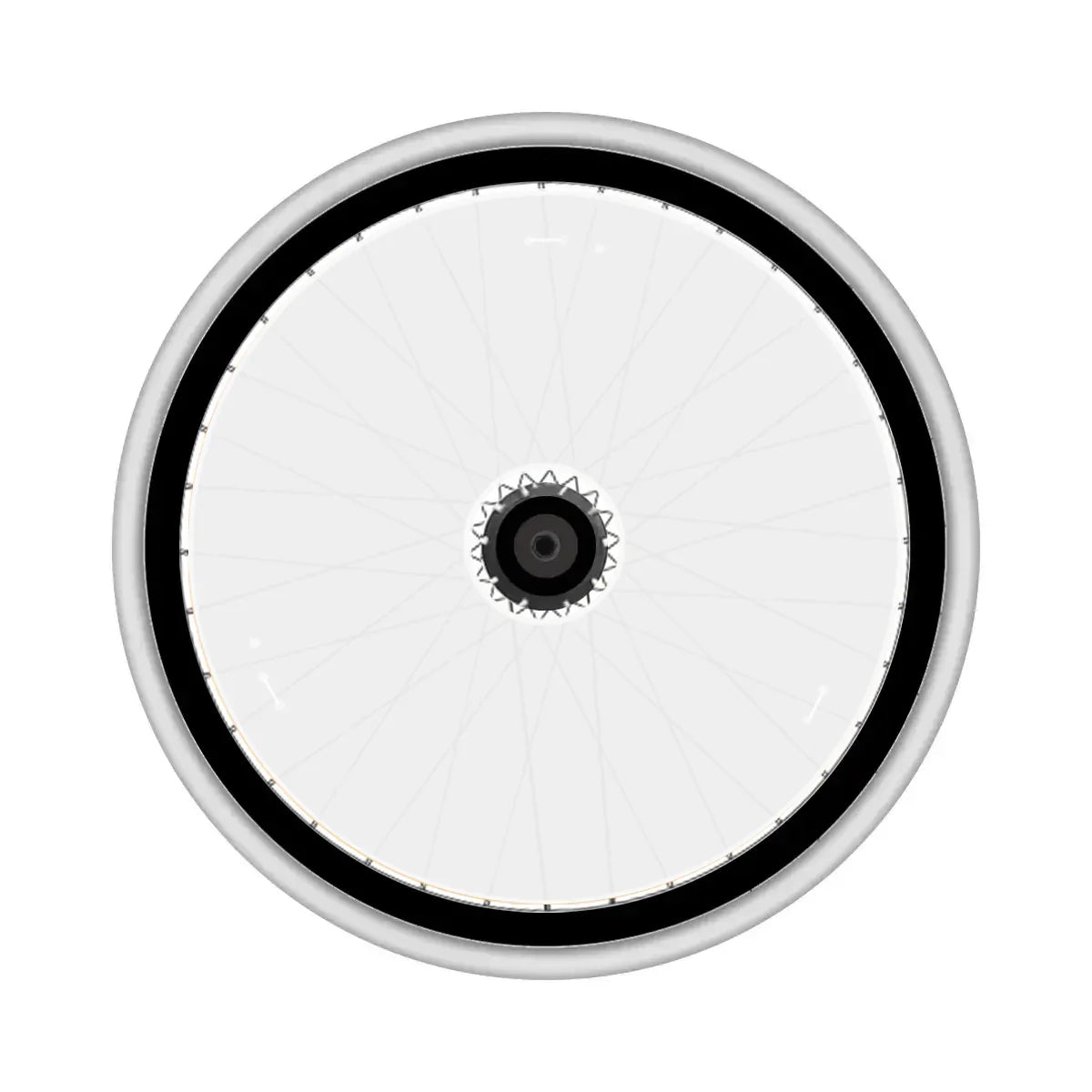 White wheelchair wheel with black rim and spoke guard for mobility accessories