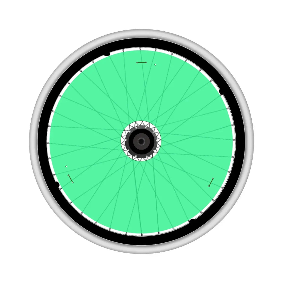 Green spoke guard on wheelchair wheel, protective accessory for wheelchair users.