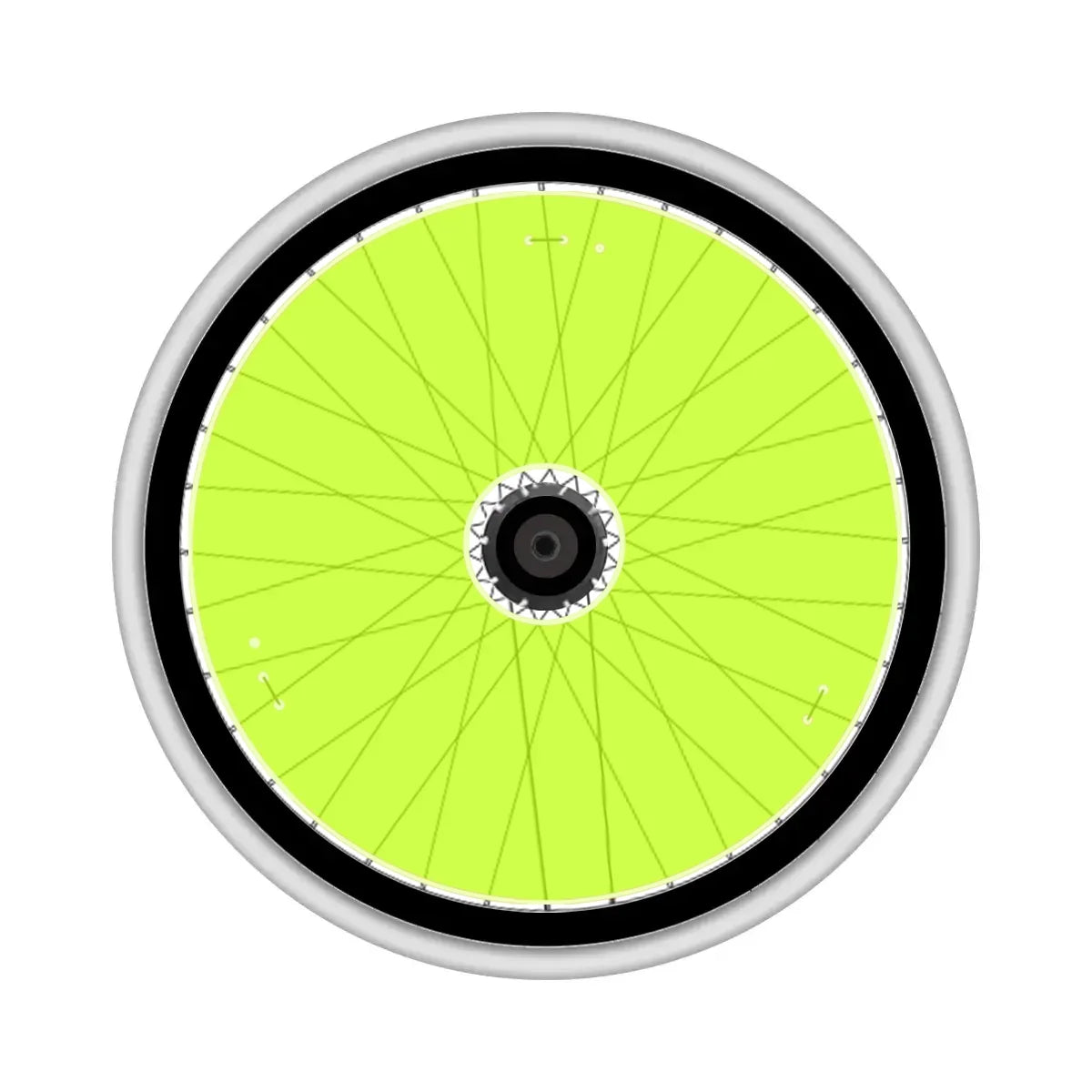 Green neon spoke guard on wheelchair wheel, bright protective wheelchair accessory