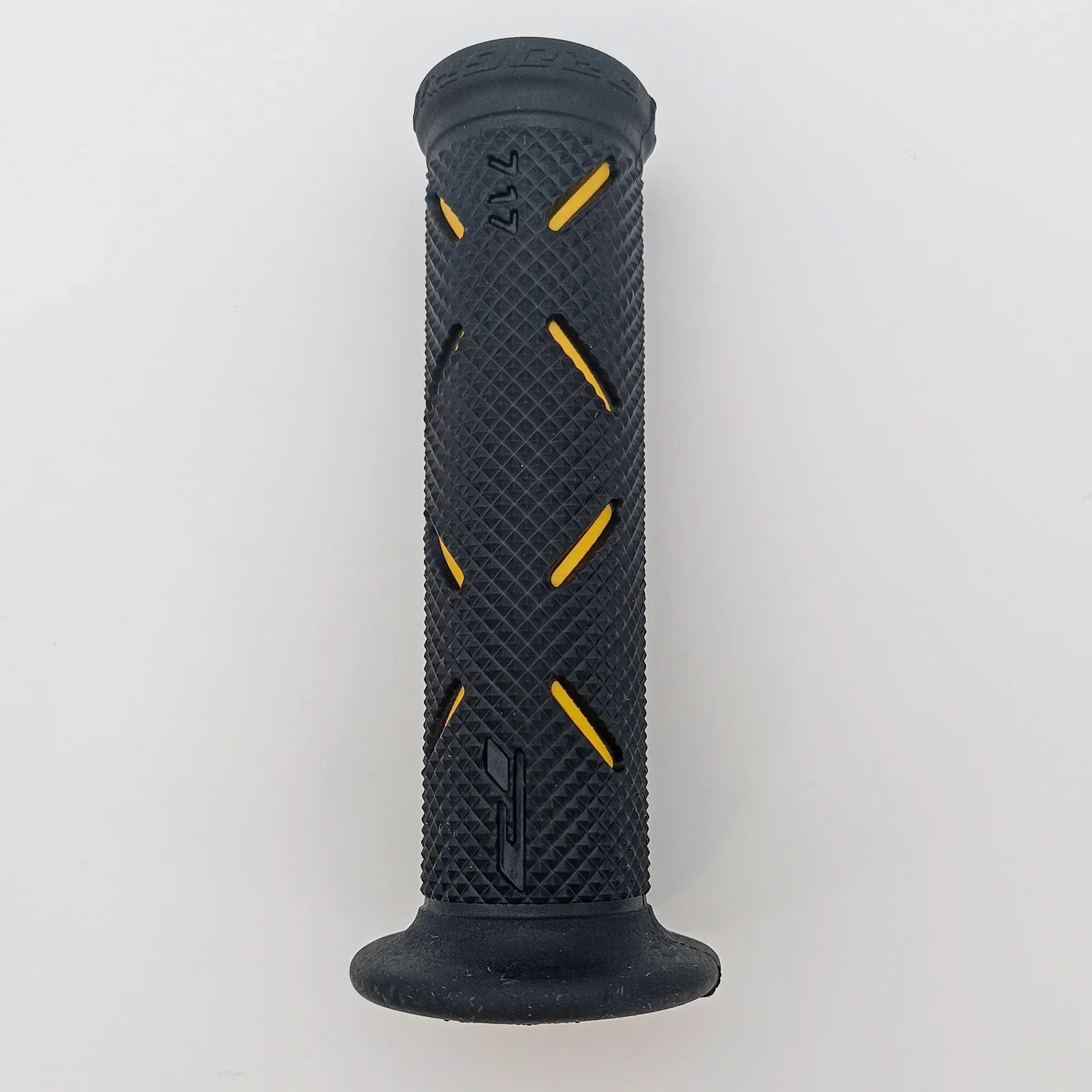 Black textured wheelchair grip with yellow accents, durable design for secure handling