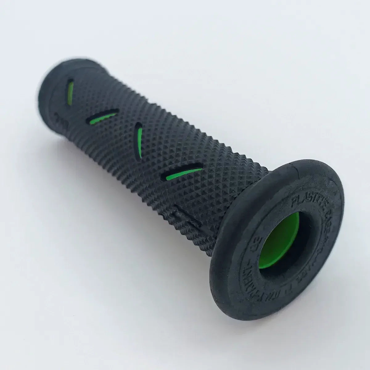Black textured wheelchair grip with green accents, durable ergonomic handle for mobility aids