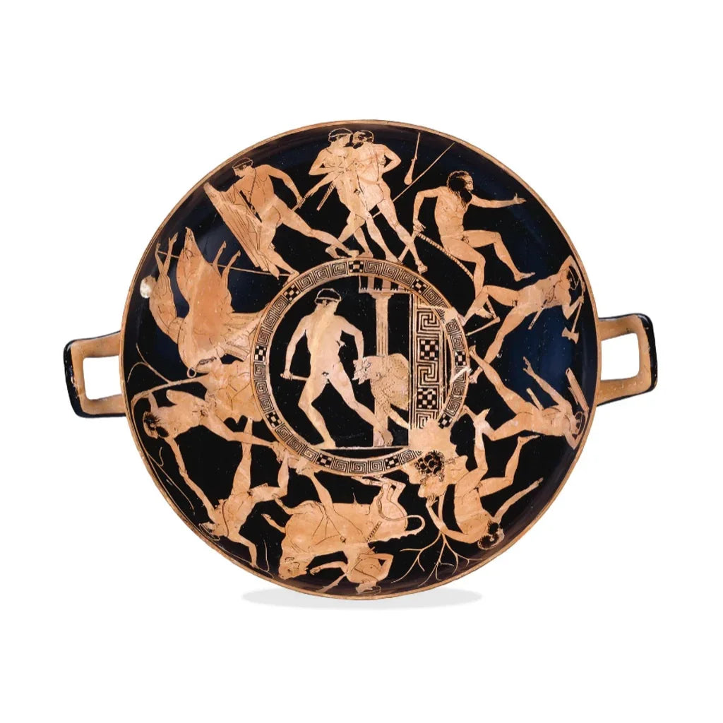 Ancient Greek kylix with Theseus and Minotaur myth scene, detailed red-figure pottery design
