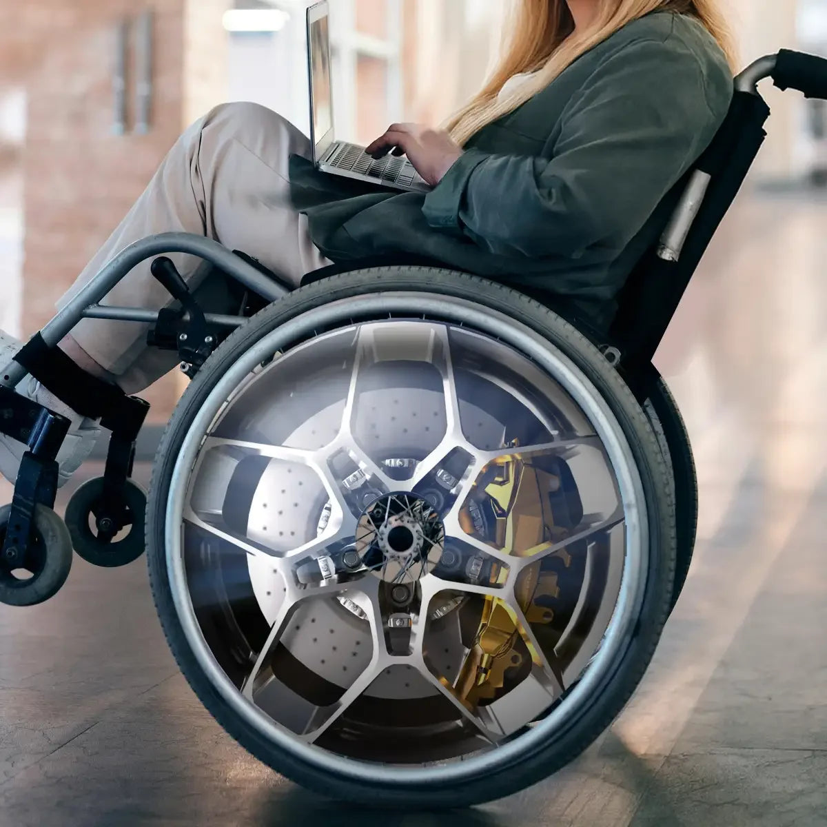 Woman in wheelchair with stylish spoke guard design using a laptop indoors