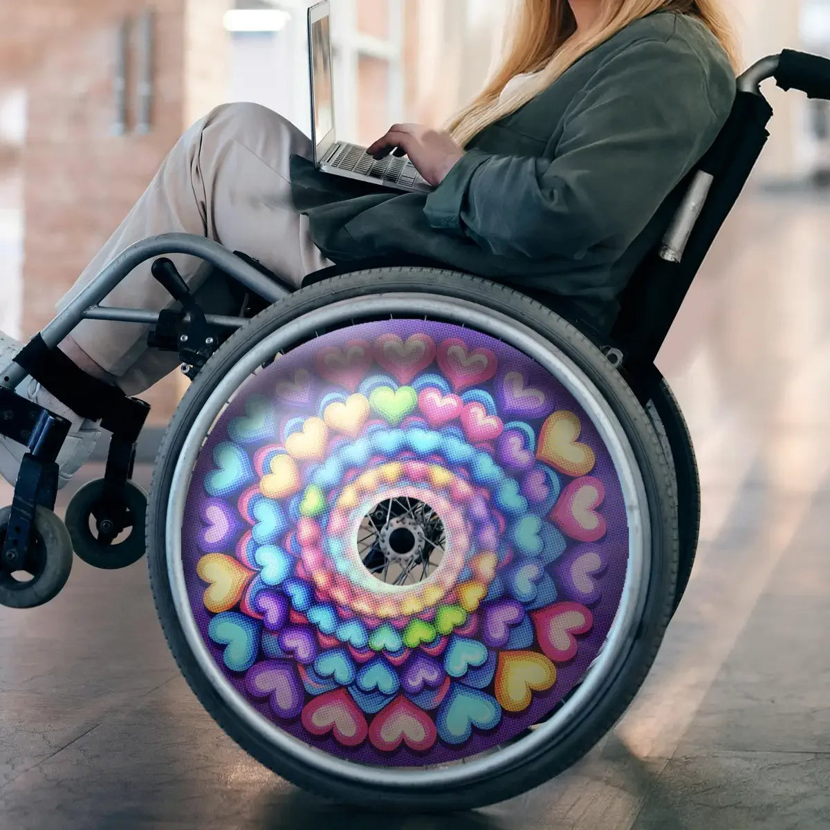 Wheelchair with colorful heart spiral spoke guard, woman using laptop indoors