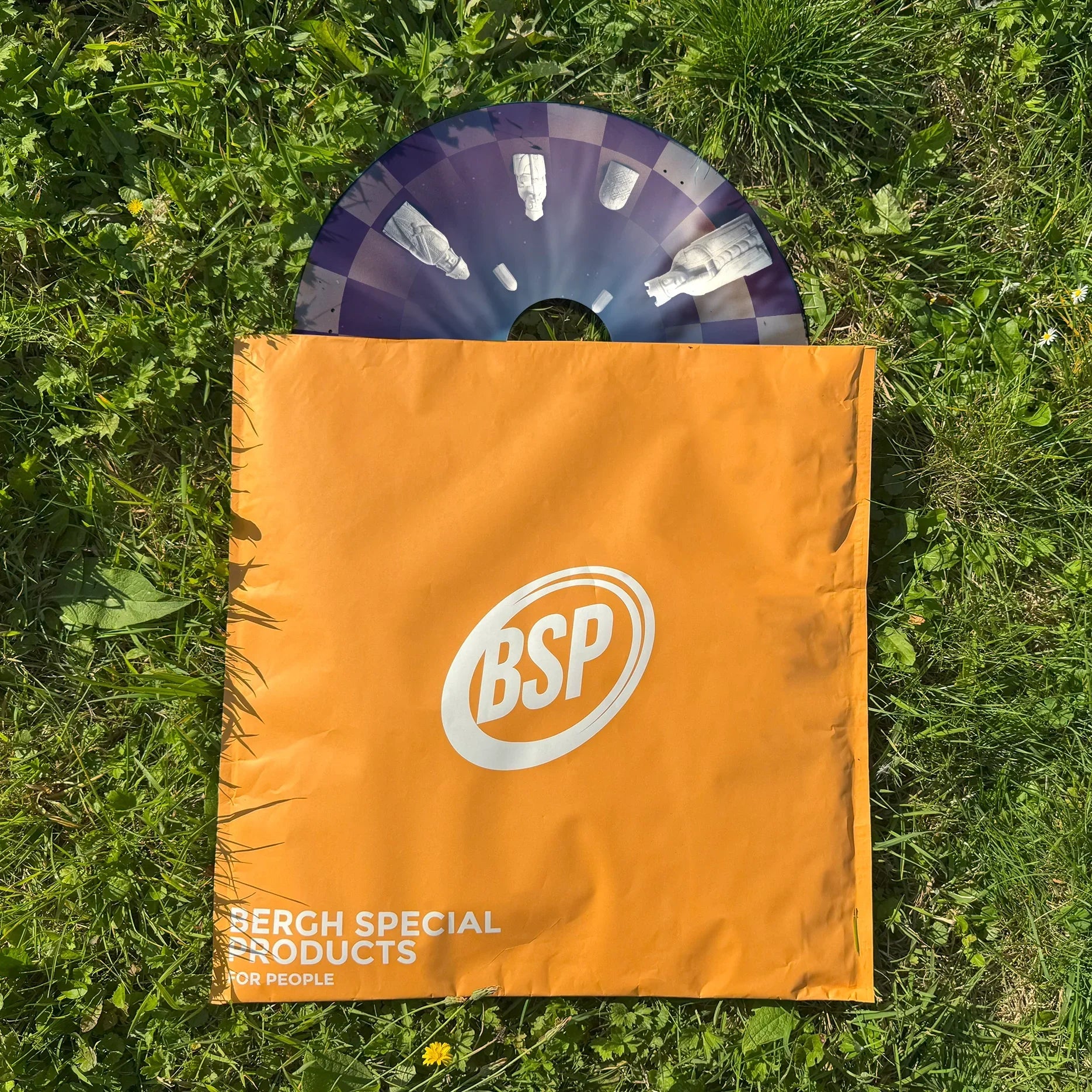 Wheelchair spoke guard with chess piece design, partly in orange BSP bag, on green grass