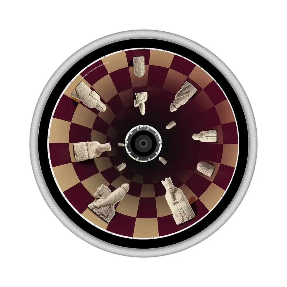 Wheel spoke guard with Lewis chessmen design on maroon and beige checkerboard pattern