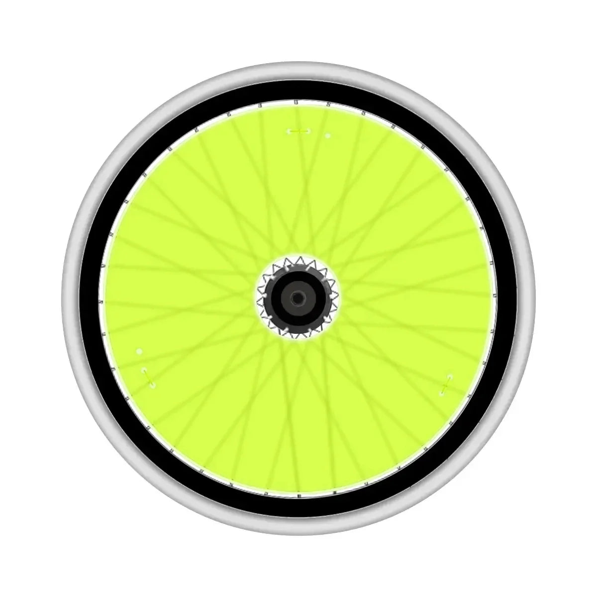 Bright lime green wheelchair spoke guard with black rim and silver hub for safety and style