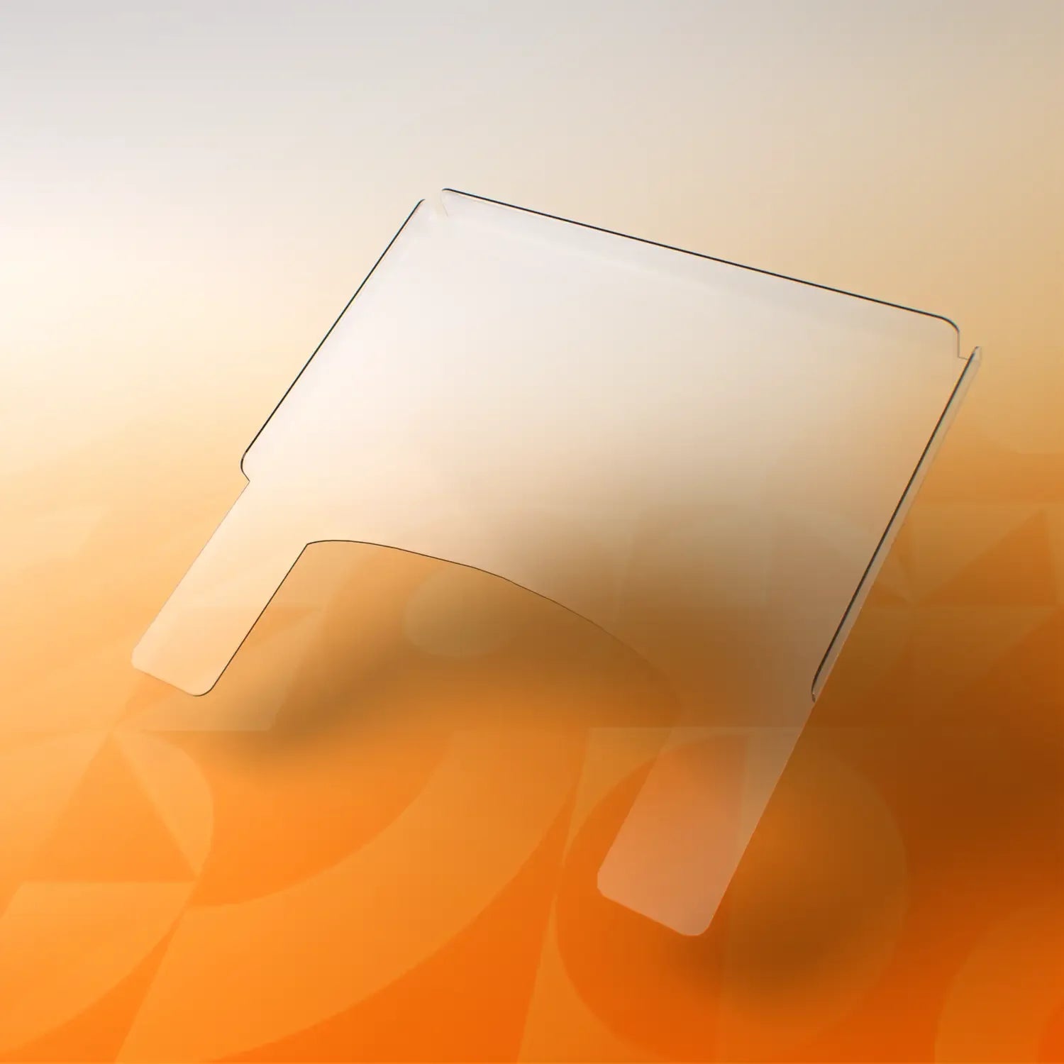 Clear medium wheelchair tray with side supports on an orange gradient background
