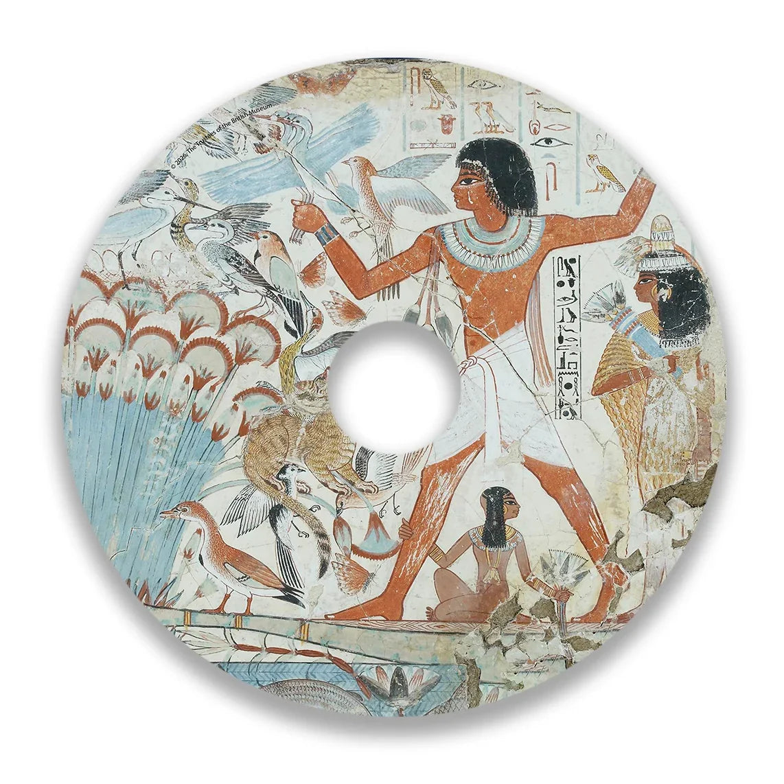 Decorative wheelchair spoke guard featuring ancient Egyptian marsh scene with figures and birds