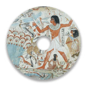 Decorative wheelchair spoke guard featuring ancient Egyptian marsh scene with figures and birds