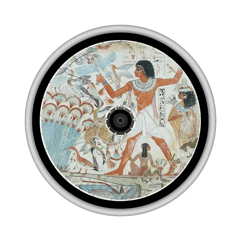Wheelchair spoke guard with ancient Egyptian marsh hunting scene in vibrant colors