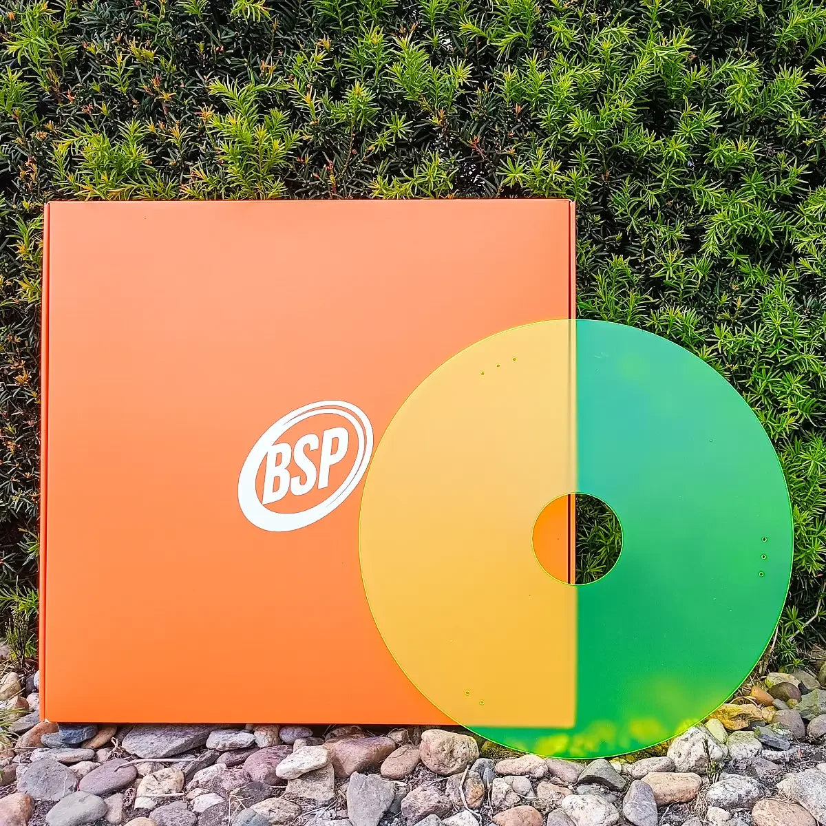BSP-branded orange box with yellow-green circular disc, set against green foliage and pebbles