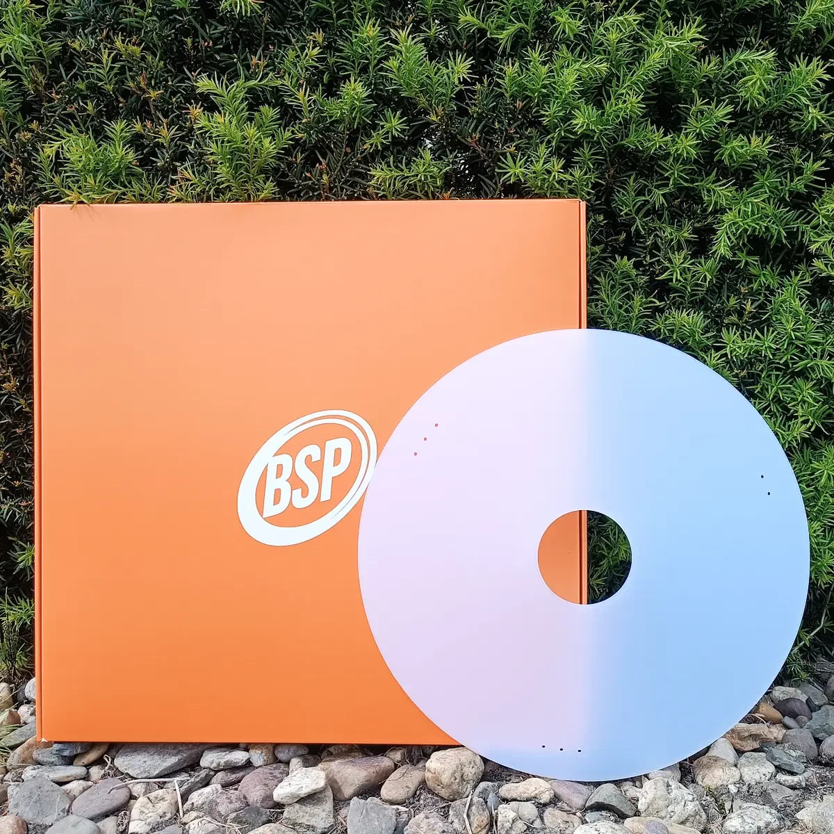 BSP wheelchair spoke guard with orange packaging, set against green foliage and stones