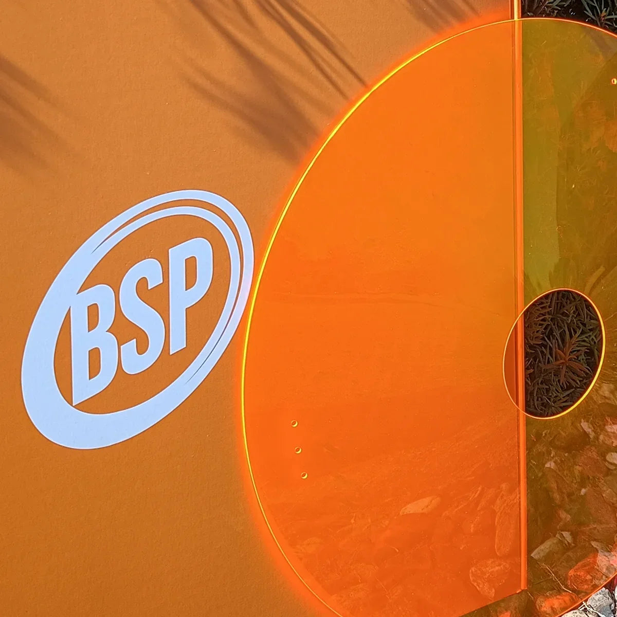 BSP logo on orange surface with circular cutout revealing greenery, showcasing brand identity