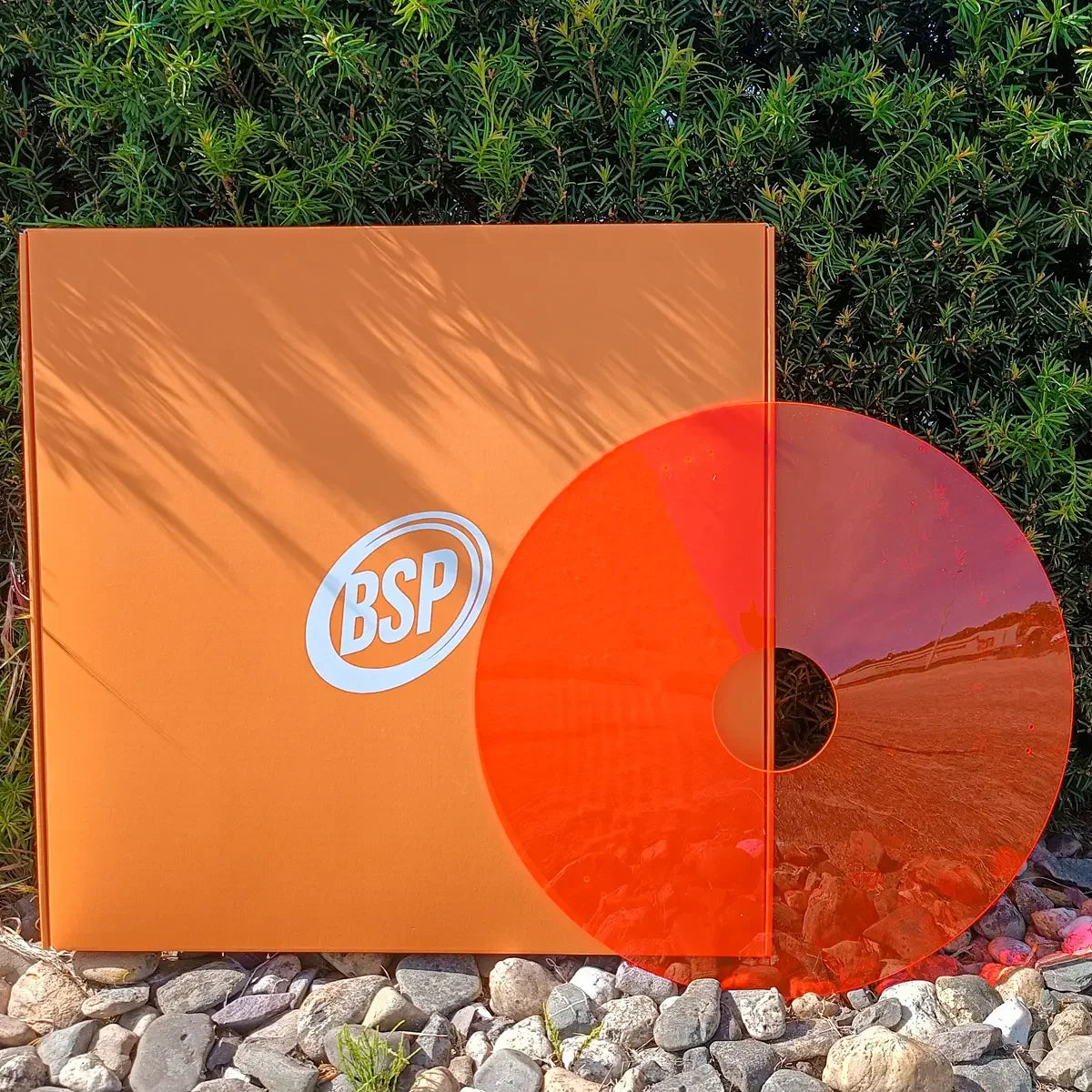 Orange vinyl record with BSP logo on sleeve, set against green shrubs and stones