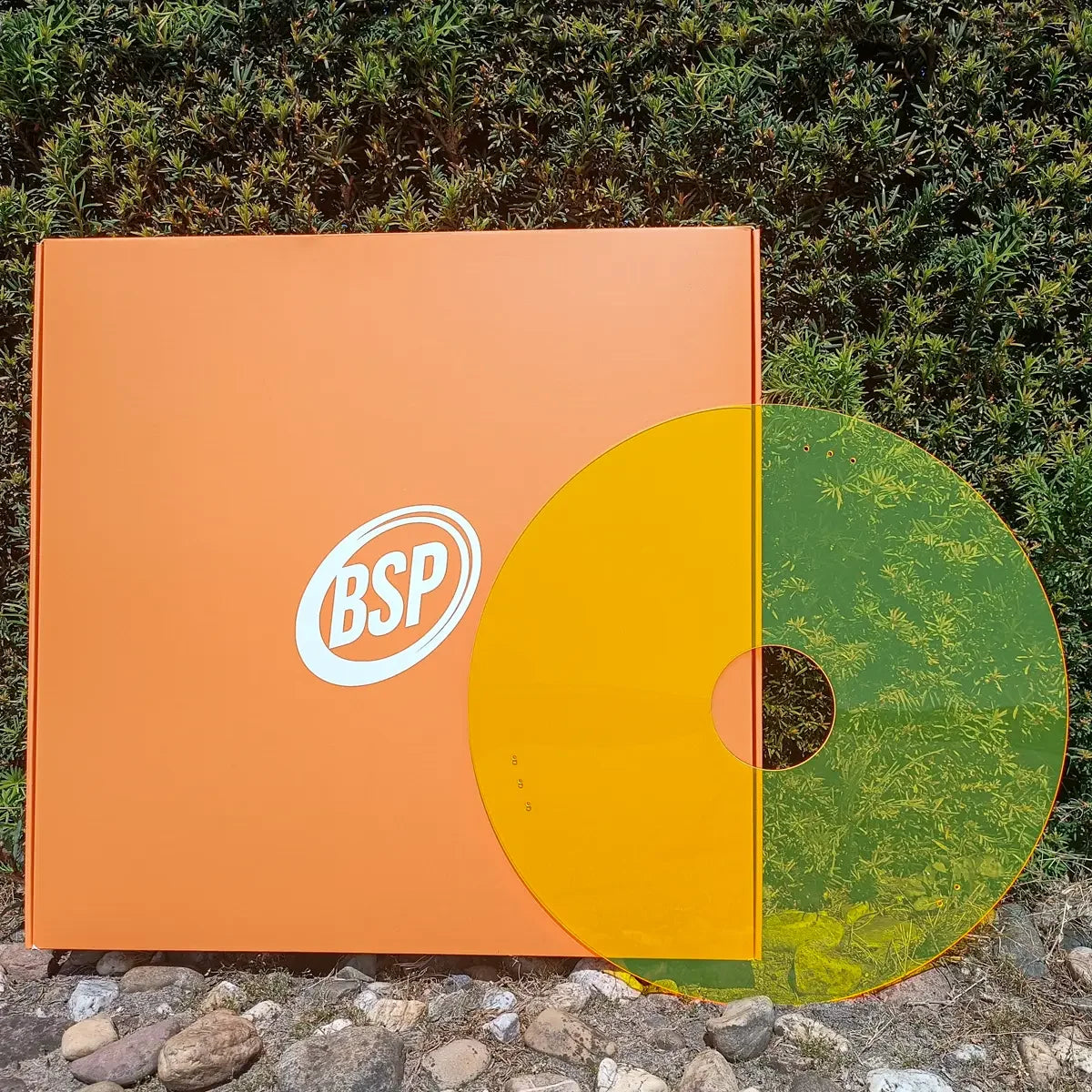 Orange BSP box with yellow-green vinyl record against green foliage, outdoor display