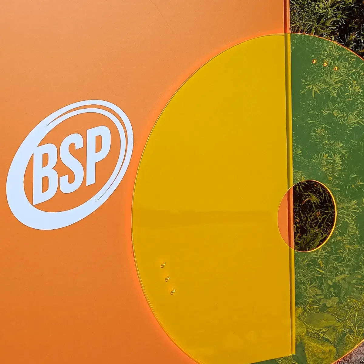 BSP logo on orange panel with yellow and green circular design elements