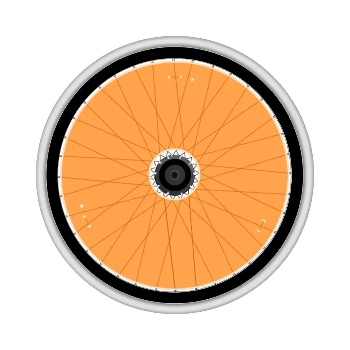 Orange neon spoke guard on wheelchair wheel, durable wheelchair accessory