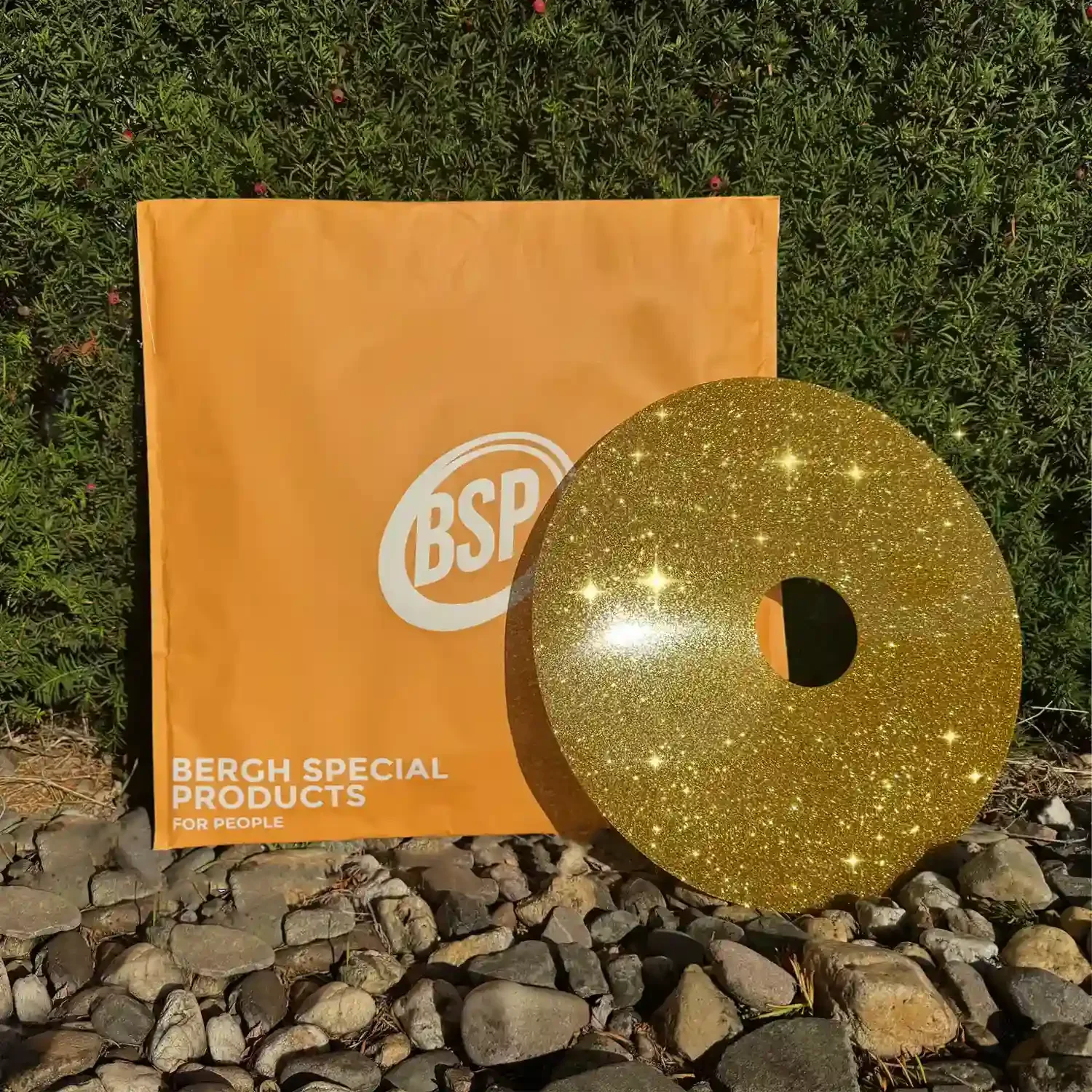 Gold glitter wheelchair spoke guard displayed on rocks with orange BSP branded backdrop outdoors