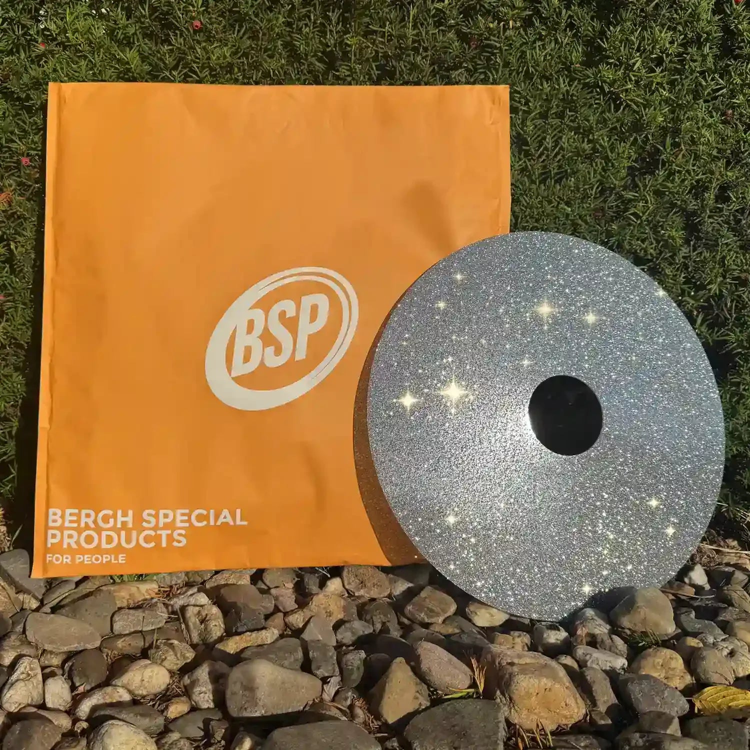 Funkelnder silberner Rollstuhl-Speichenschutz auf Felsen nahe einer grünen Wand mit einer orangefarbenen BSP-Tasche