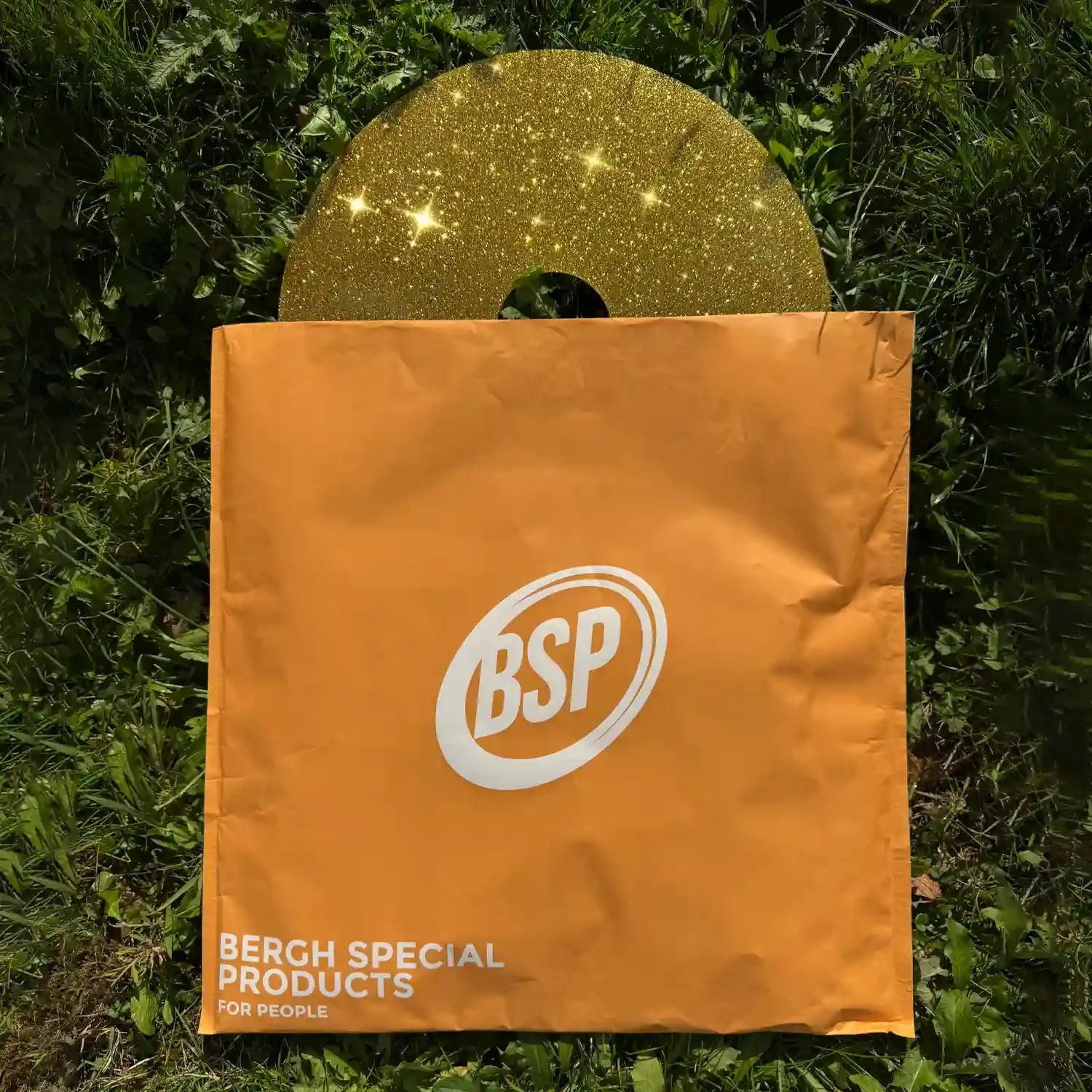 Gold glitter wheelchair spoke guard and BSP orange packaging on grass