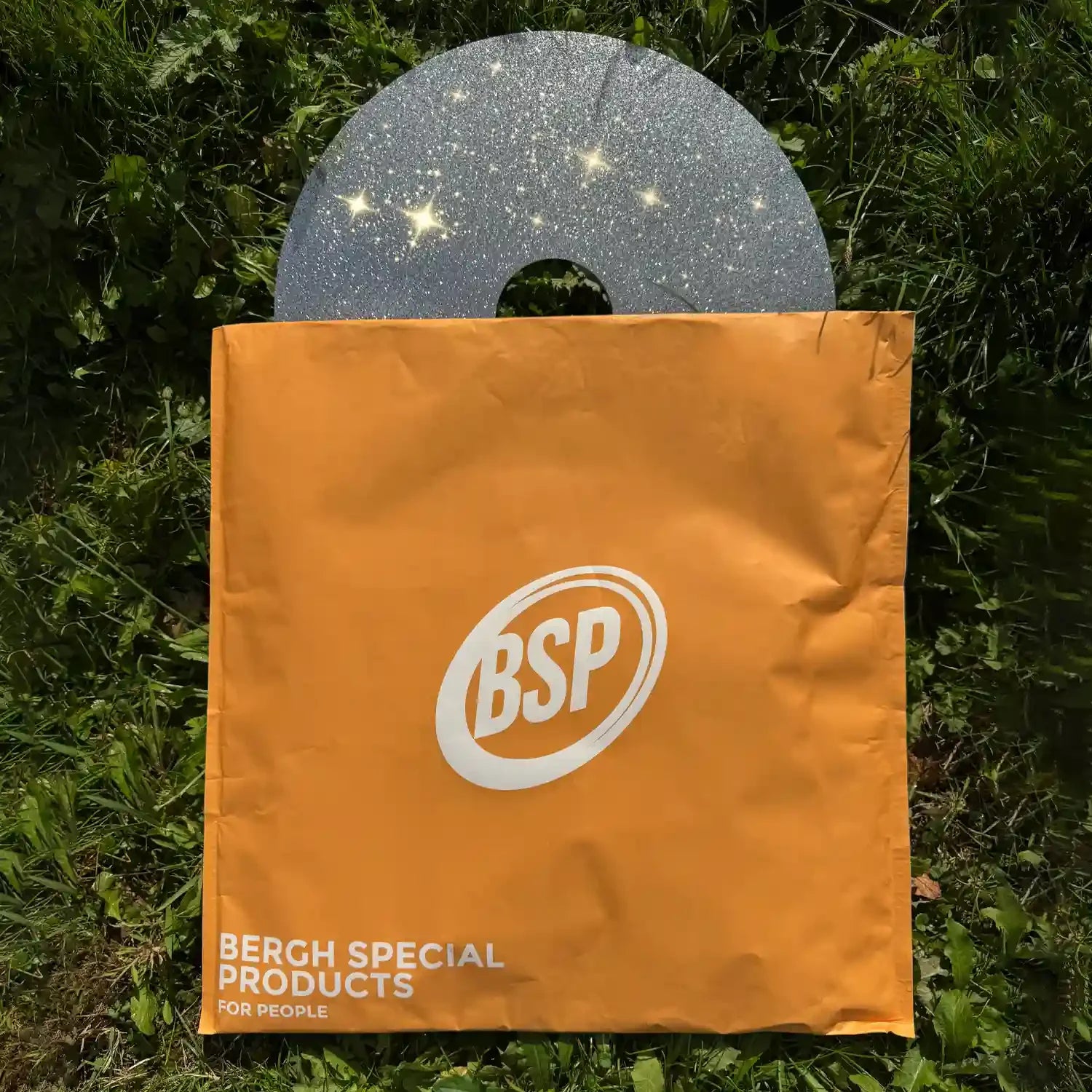 Silberner Glitzer-Rollstuhl-Speichenschutz auf Gras, teilweise von einer orangefarbenen BSP-Tasche bedeckt
