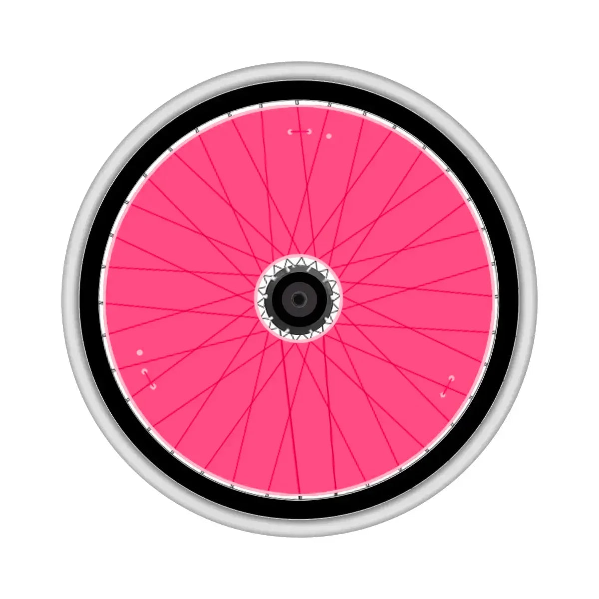 Bright pink wheelchair wheel with black rim and silver spokes, ideal for mobility accessories and custom setups.