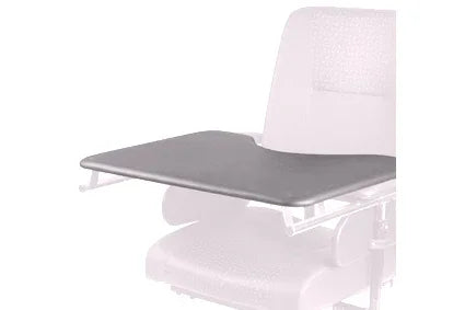 Adjustable wheelchair tray with sleek gray surface, ideal for daily use and mobility accessories.