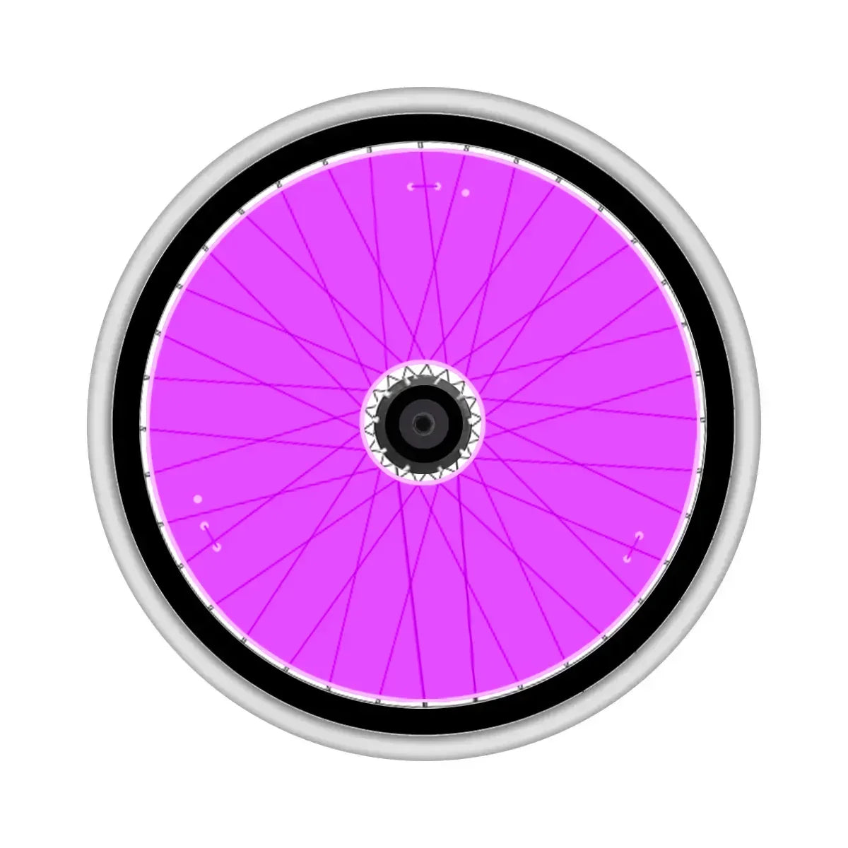 Purple wheelchair wheel with spoke guards and black tire, durable mobility accessory for everyday use