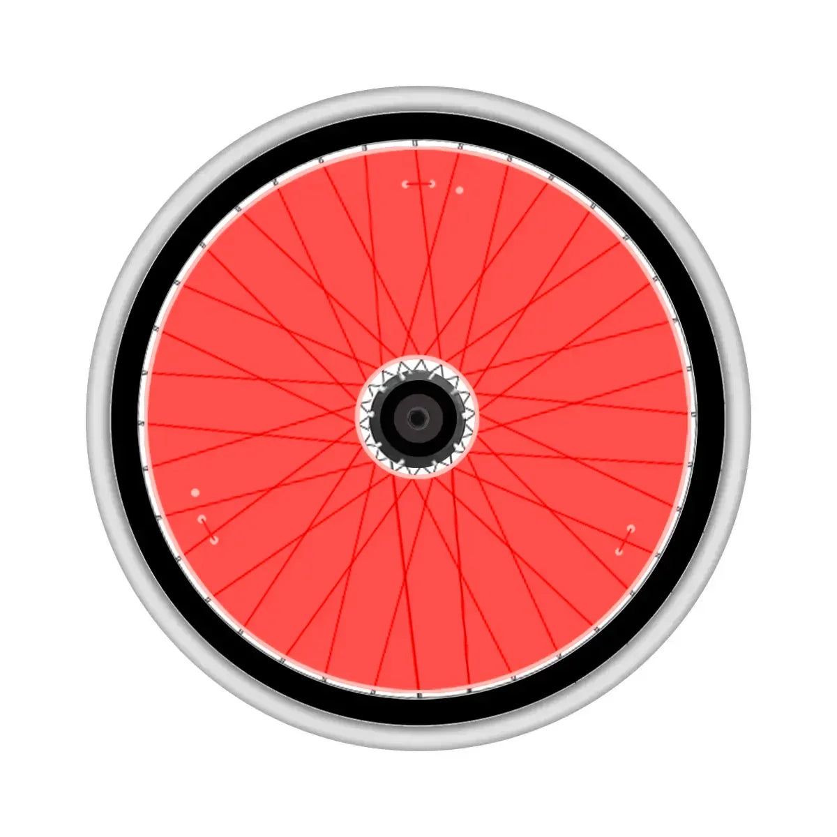 Red wheelchair wheel with black rim and silver spokes, durable wheelchair accessory for mobility