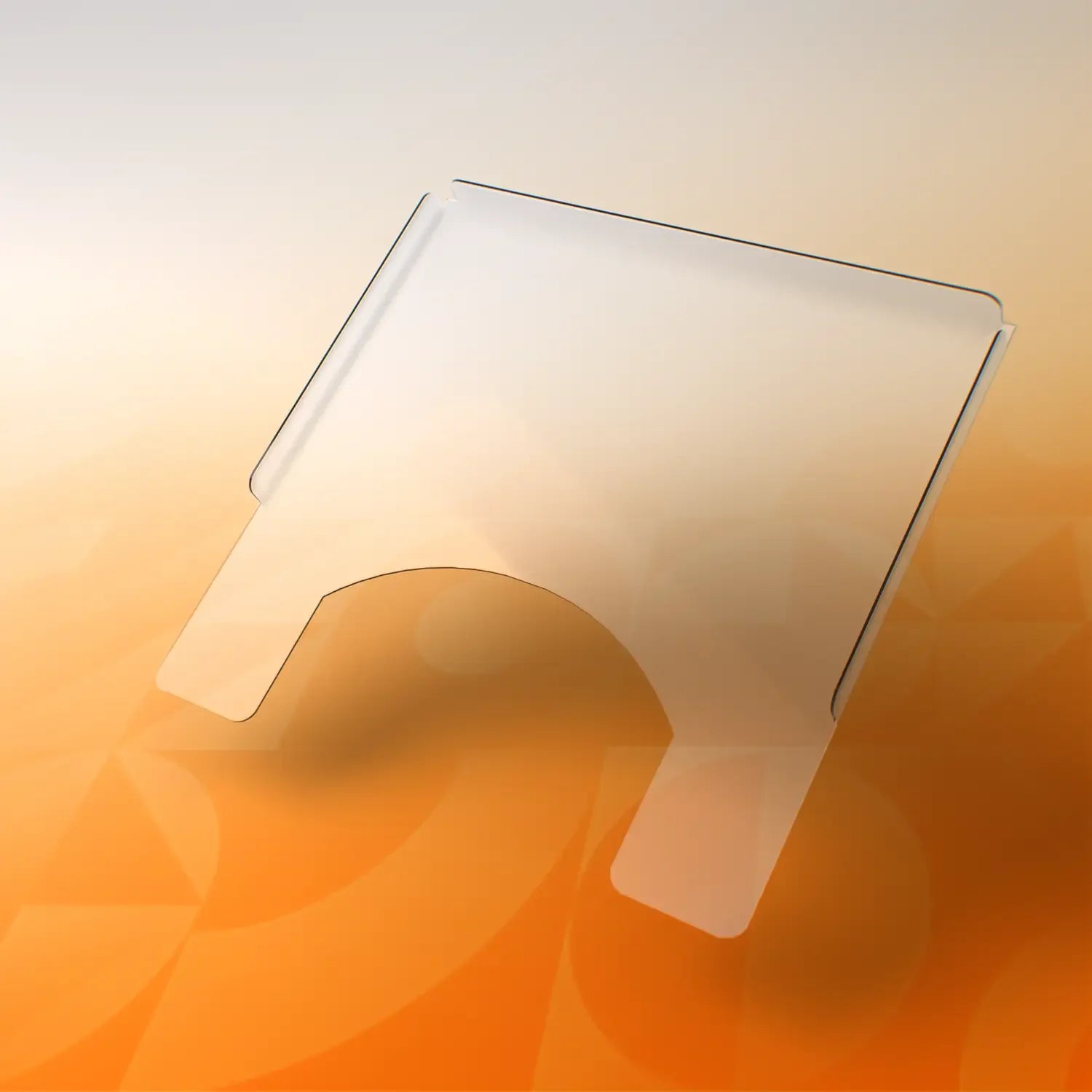 Clear acrylic wheelchair tray with curved cutout and side notches on an orange background