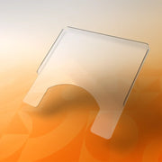 Clear acrylic wheelchair tray with curved cutout and side notches on an orange background