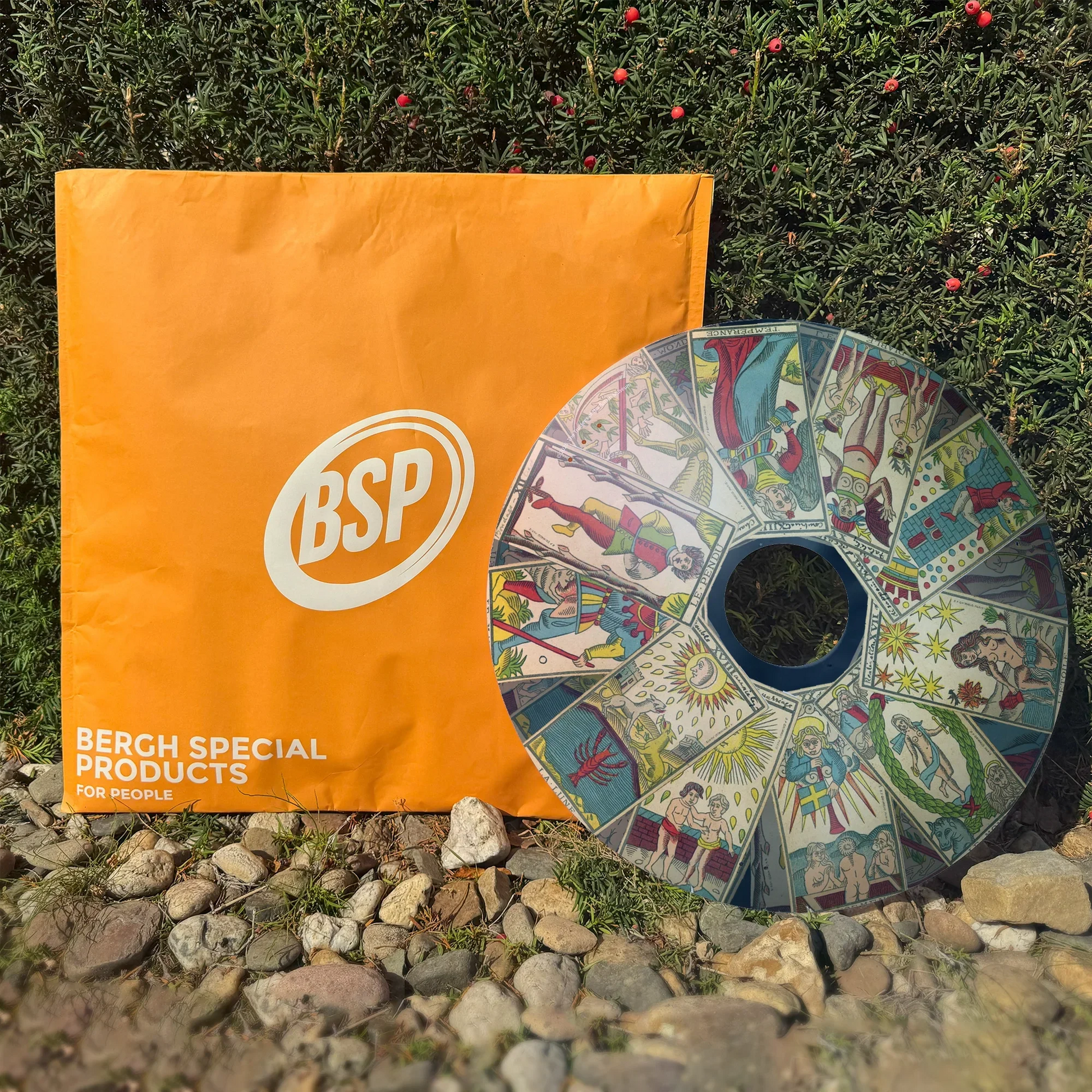 Colorful tarot card wheelchair spoke guard beside orange BSP packaging outdoors