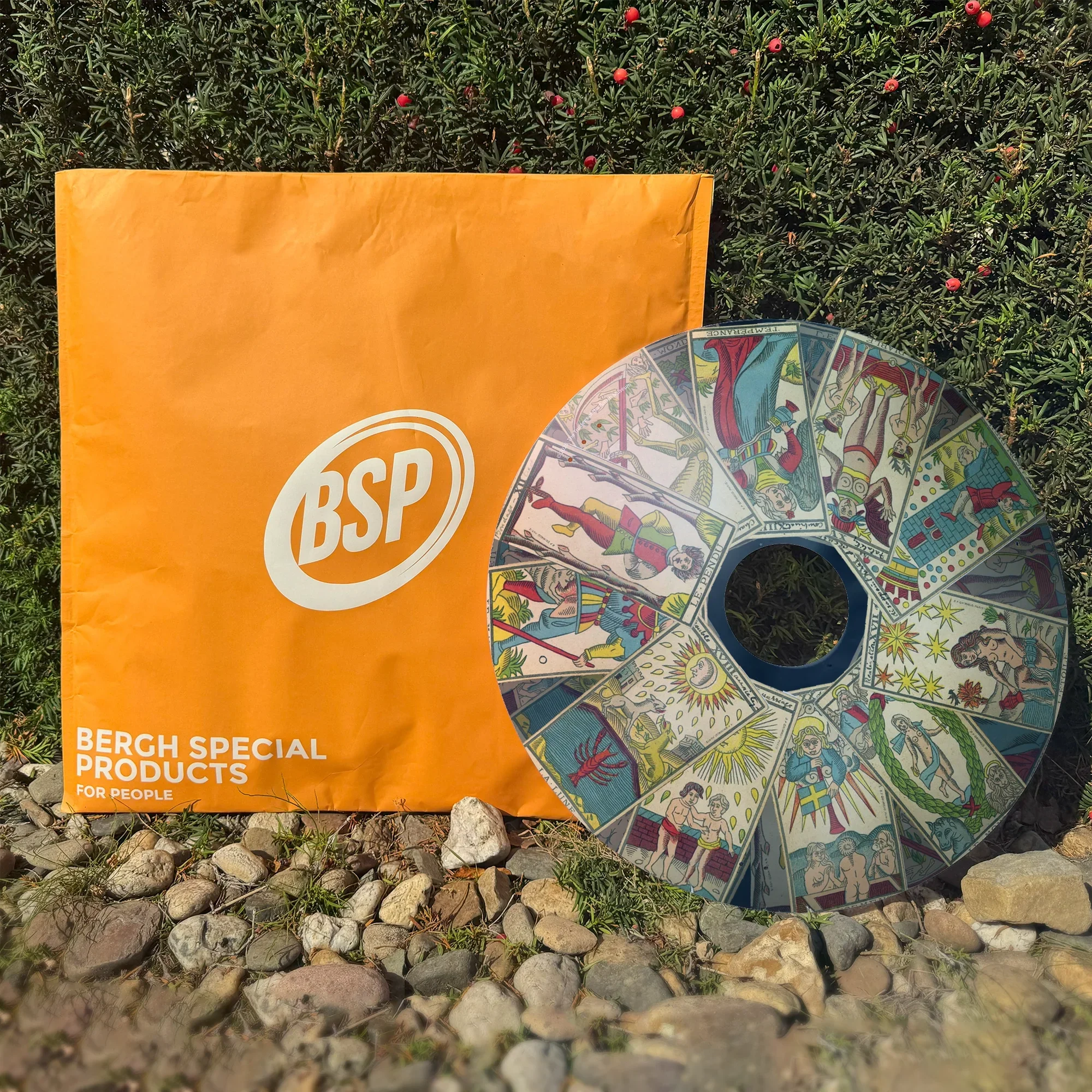 Colorful tarot card wheelchair spoke guard beside orange BSP packaging outdoors