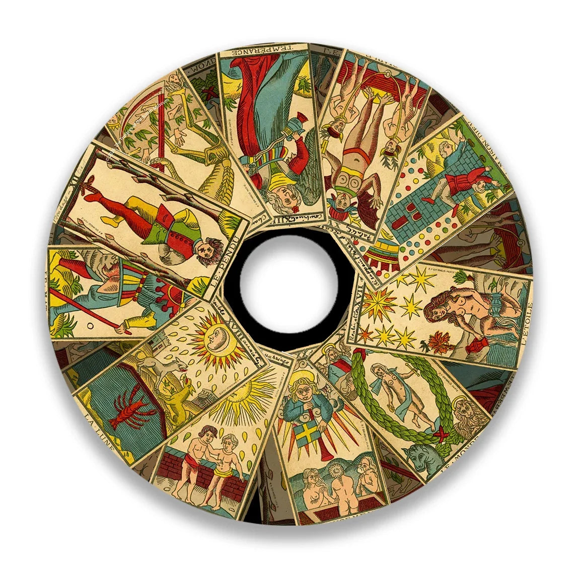 Wheelchair spoke guard with vintage tarot card design, colorful and round accessory