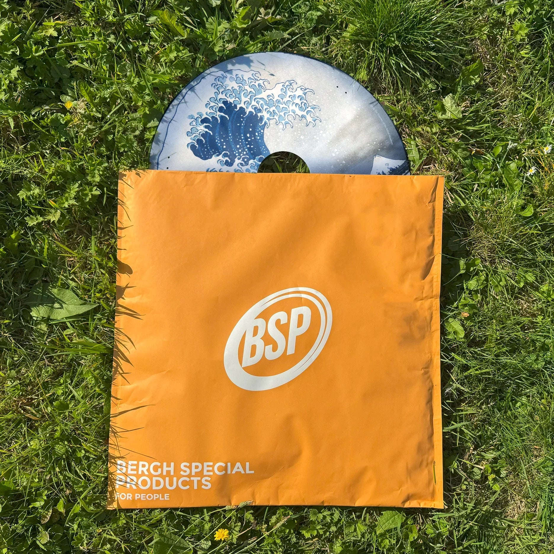 Wheelchair spoke guard with Great Wave design partially in orange BSP bag on grass